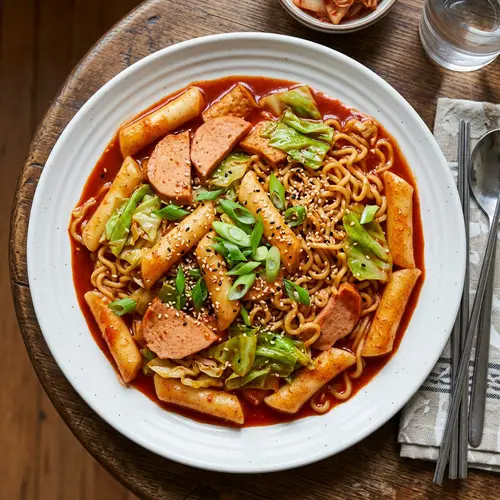 Realistic Dduk Bok Ki with Rice Cake, Fish Cake, Noodle Pasta | Top View