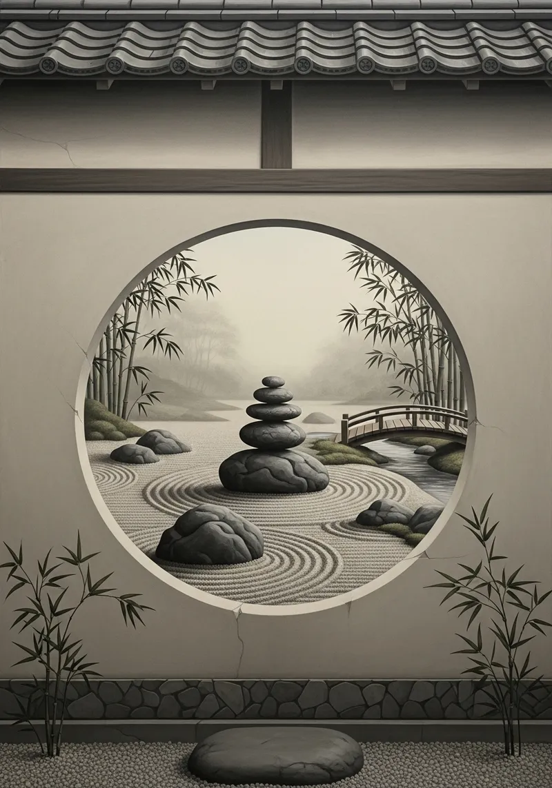Japanese Mural with Zen Landscape Window