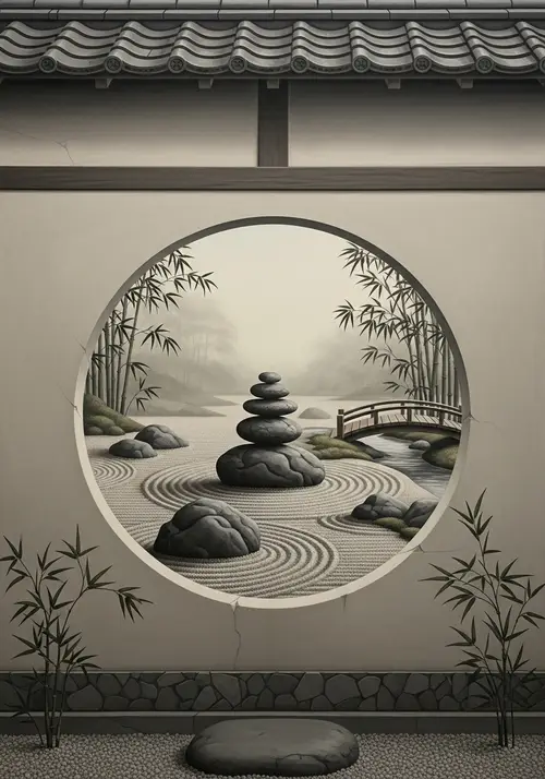 Japanese Mural with Zen Landscape Window