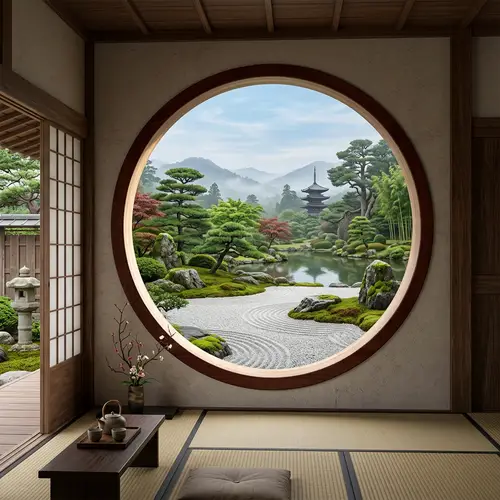 Japanese Mural with Zen Landscape Window
