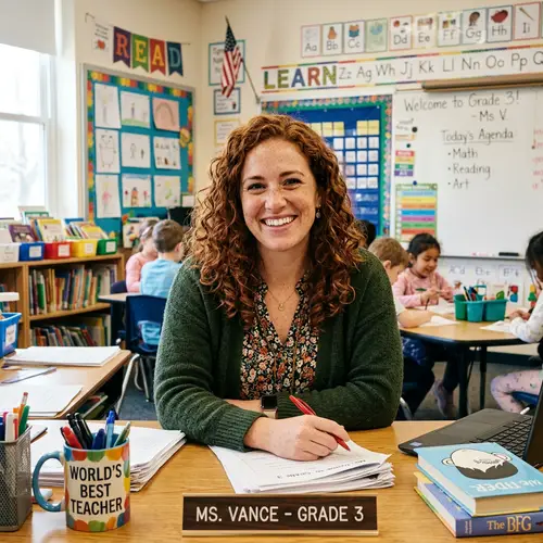 Charming Teacher with Curly Red Hair and Freckles