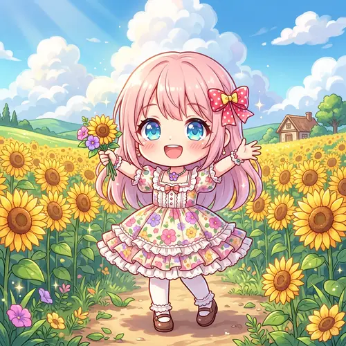 Adorable Chibi-Style Anime Girl in Bright Sunflower Landscape