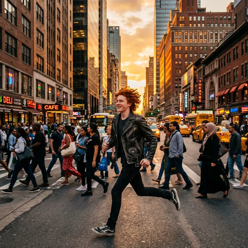 Vibrant Red Hair Teen in Black Jacket Running Through Urban Crowd