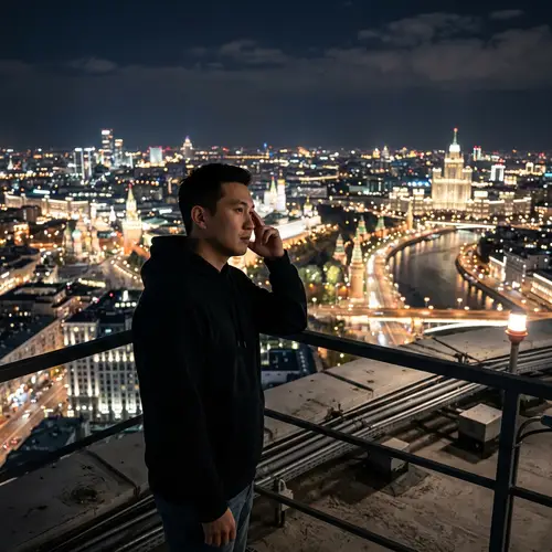 Asian Man Contemplates on Moscow Rooftop at Night