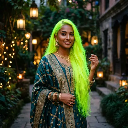 Captivating South Asian Girl with Neon Green Hair