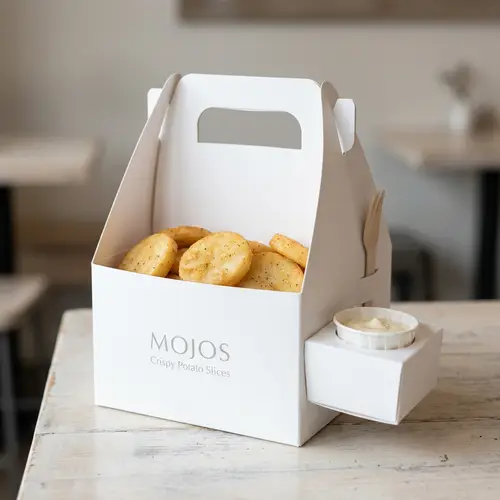 White Potato Mojos Packaging with Practical Handle | Monochromatic Design