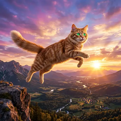 Enchanting Flying Cat Soaring Above Magical Landscape