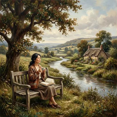 Tranquil Landscape with Cottage, Tree, and River | Peaceful Art Scene