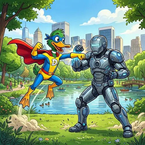 Superhero Duck vs. Armored Figure Battle in City Park