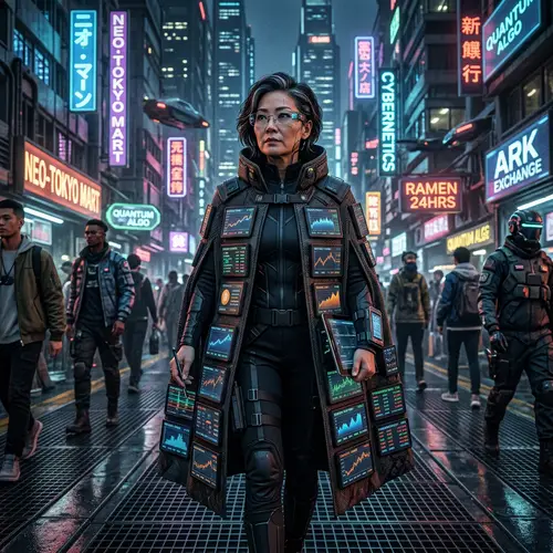 Futuristic Cyberpunk Scene with Tech Investor and Neon Signs