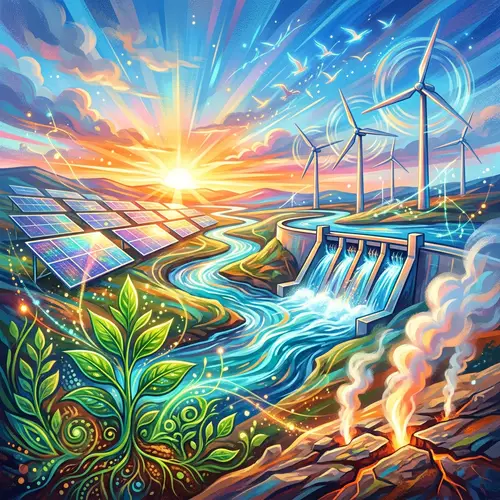 Abstract Representation of Renewable Energy | Glorious Sunrise, Solar Panels, Wind Turbines, and More
