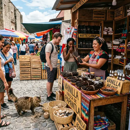 Lively Open-Air Market: Premium Vanilla Pods & Diverse Shoppers
