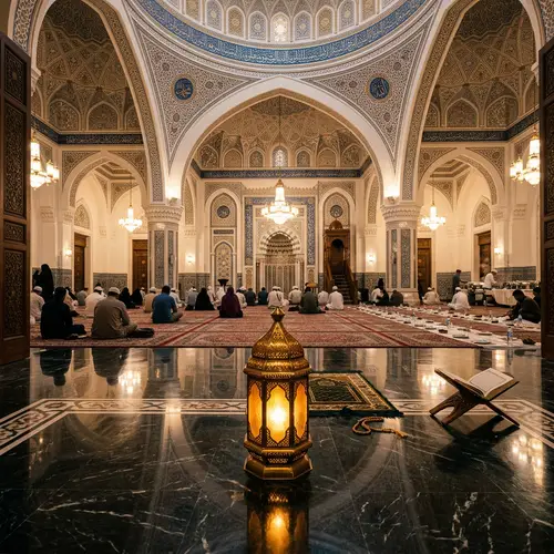 Ramadan Mosque Interior: Glowing Lantern & Biryani