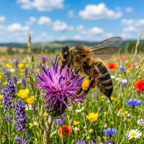 Russian Honey Bee in Colorful Meadow - Beautiful Nature Scene
