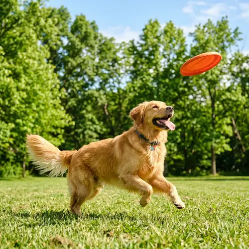 Happy Golden Retriever Dog Playing Catch in Lush Green Park
