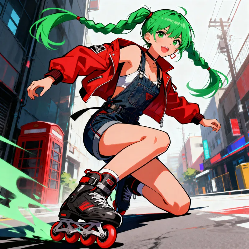 Cool Anime Girl in Street Fashion with Roller Skates