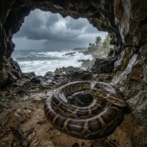 Python Hides Baby Turtle from Typhoon on Tropical Island