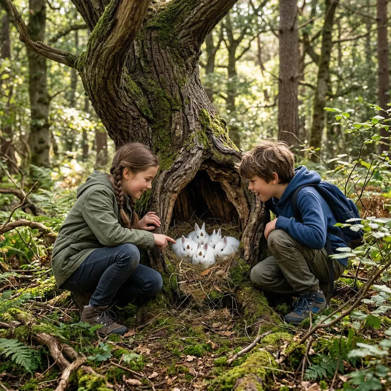 Brother and Sister Discover Baby Rabbits in Forest Brother and Sister Discover Baby Rabbits in Forest