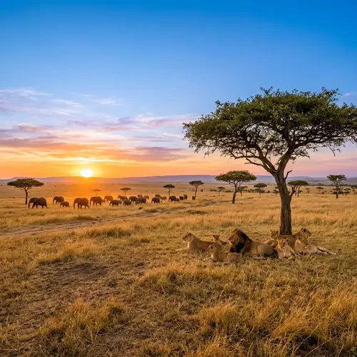 Traditional Savanna Landscape: Elephants, Lions & Acacia Trees
