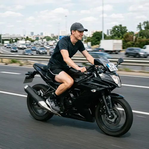 Slim Man Riding Black 200cc Speed Motorcycle on Highway