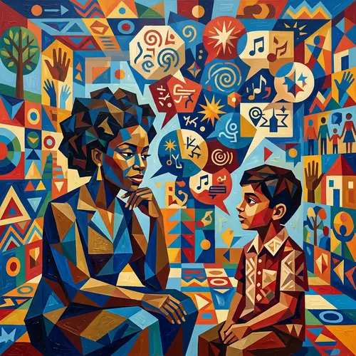 Abstract Social Worker Art: Thoughtful Black Woman and South Asian Boy