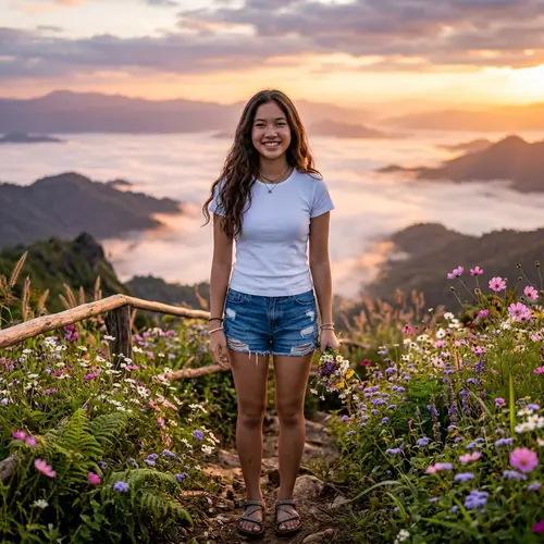 Beautiful Thai Teenager Portrait at Sunset in Misty Mountain Landscape