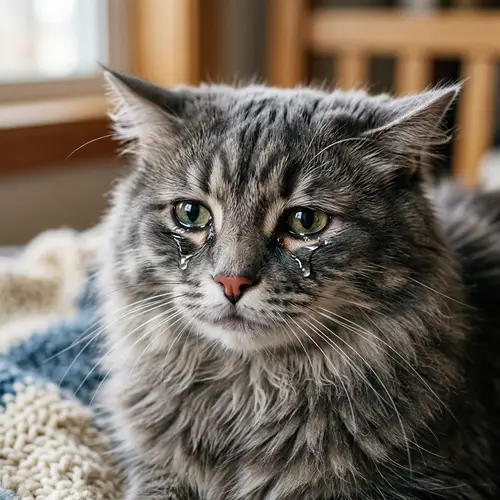 Melancholic Grey Fluffy Cat Teary Eyes