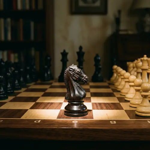 Elaborately Carved Ebony Wood Chess Knight on Chessboard