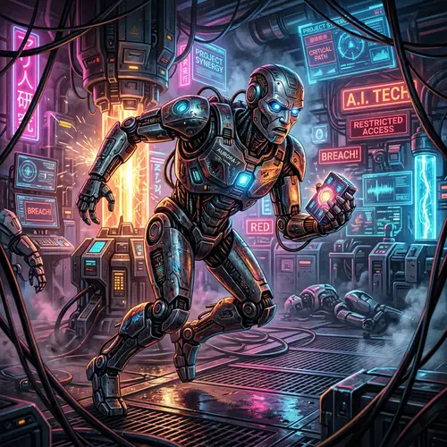 AI-Powered Robot in Futuristic Laboratory: Cyberpunk Art