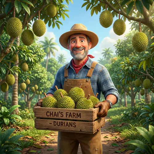 Pixar Style Cartoon Farmer with Durian Fruit