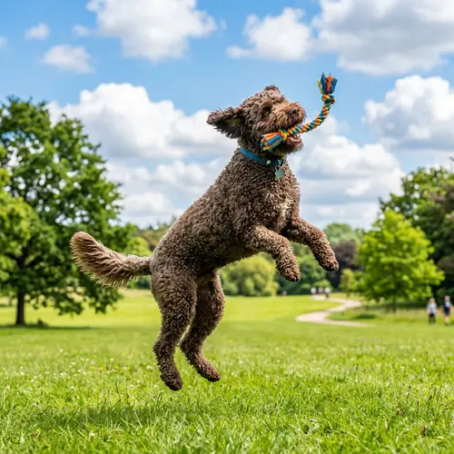 Brown Spanish Water Dog Playing in Lush Green Park