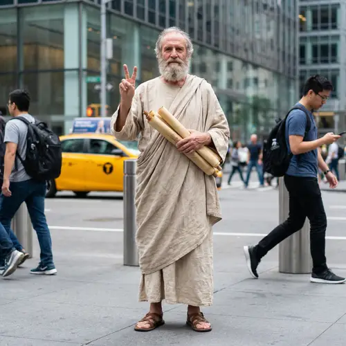 Classical Philosopher Making a Peace Sign - Timeless Wisdom in Modern Era