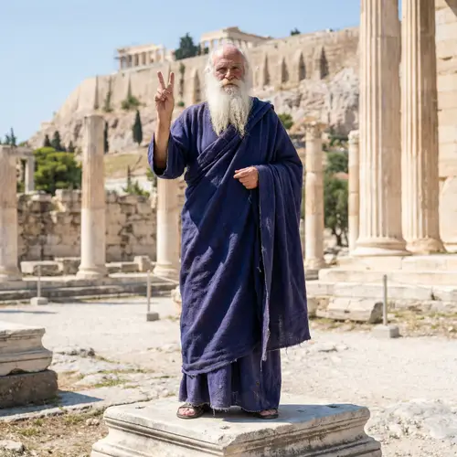 Historical Scholar in Ancient Greek Robes | Peace Sign Pose