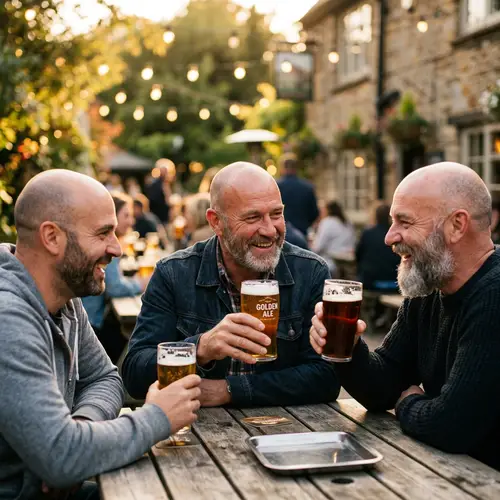 Bald Men Enjoying Beers: Golden Hour Moments