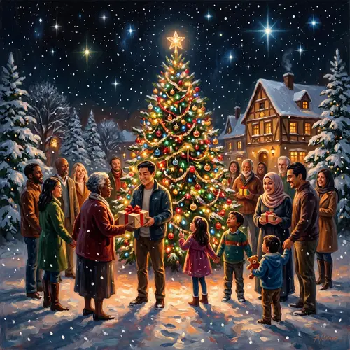 Diverse Group Uniting Around Christmas Tree for Peaceful Holiday Celebration