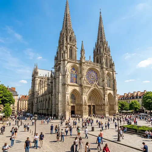 Majestic Cathedral with Gothic Spires and Stained Glass Windows