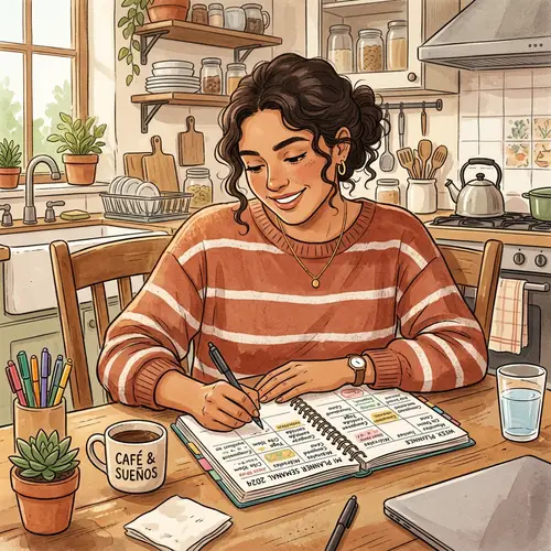 Weekly Planner for Young Hispanic Woman | Kitchen Table Illustration