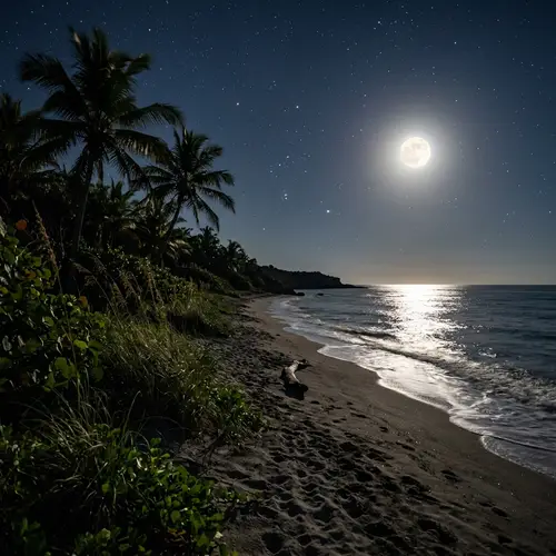 Moonlit Beach at Night with Lush Vegetation