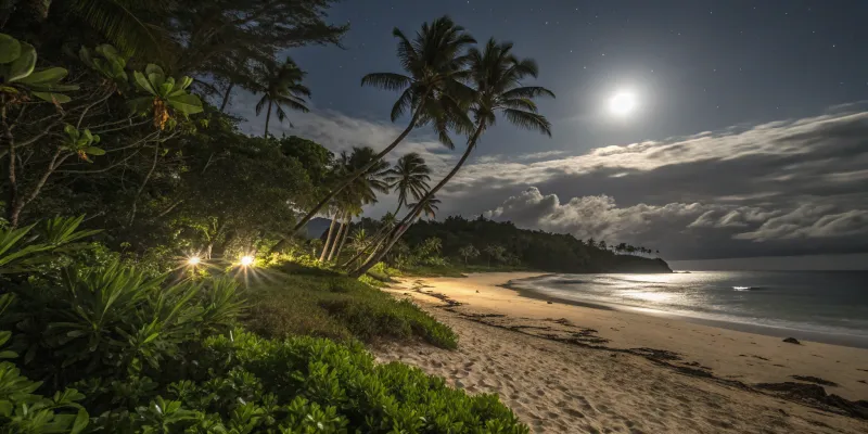 Moonlit Beach at Night with Lush Vegetation