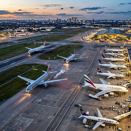 Airlines at an Urban Airport: Aerial Runway View