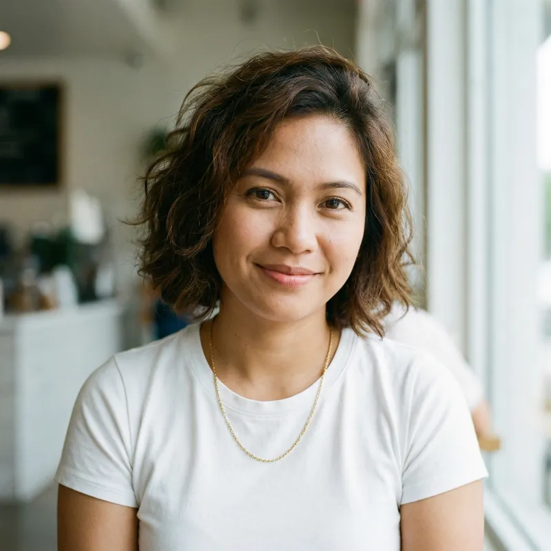 Filipina Woman in 30s: White T-Shirt, Gold Necklace & Brunette Wavy Hair