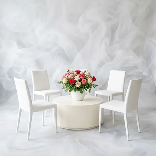 White Smoke Setting with Coffee Table, Five Chairs, and Blooming Roses
