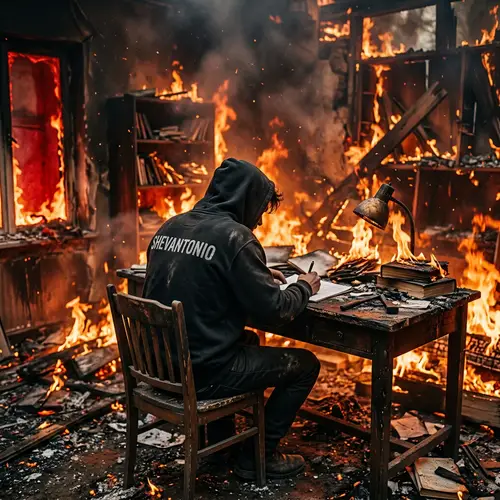 Man in Hoodie Writing in Fiery Room