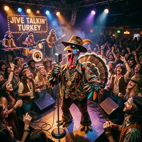 Jive Turkey Singing on Stage - Fun Illustration