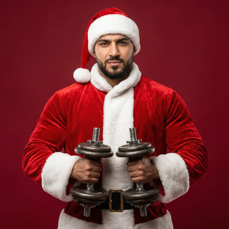 Santa Athlete with Dumbbells on Red Background