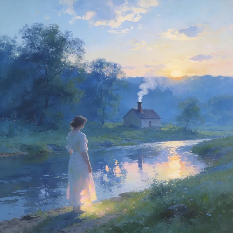 Lonely Woman by the River with Smoke from a House