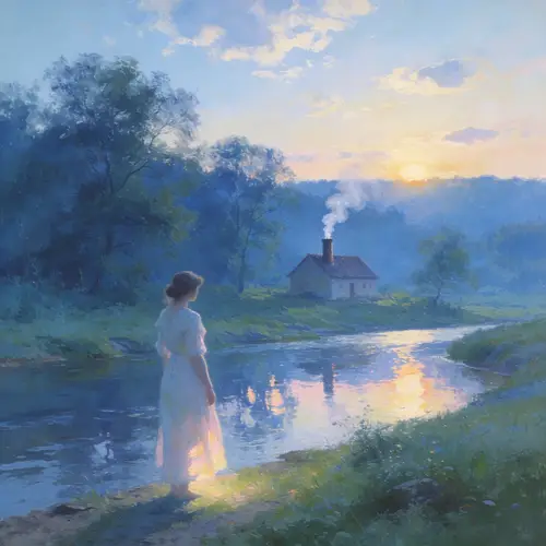 Lonely Woman by the River with Smoke from a House