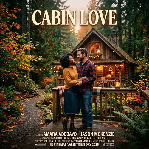 Cabin Love: Romantic Movie Poster | Quaint Cabin in Lush Forest
