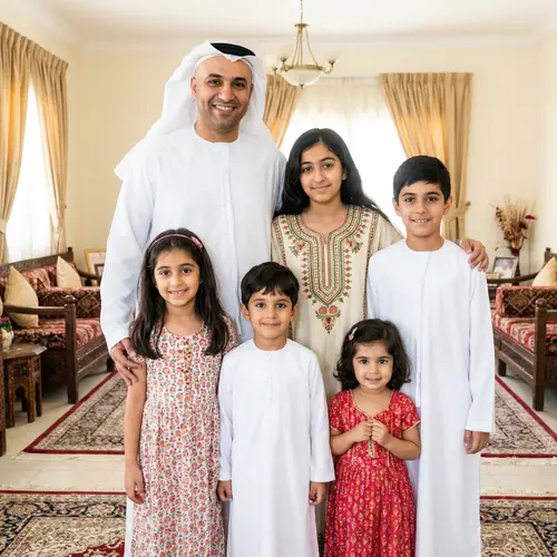 Middle-Eastern Man with Children in Traditional Arabian Gulf Clothes