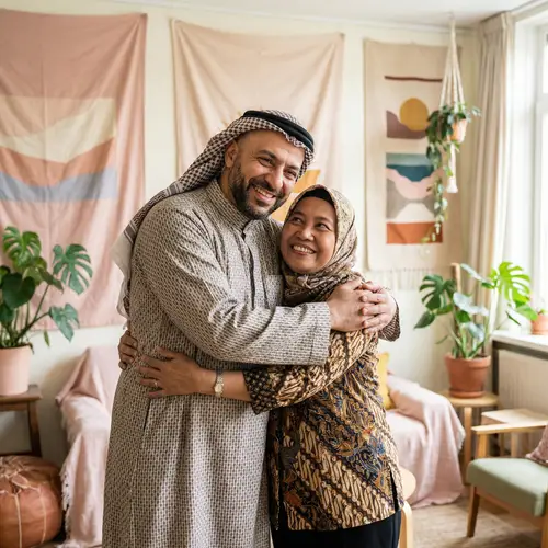 Warm Embrace: Middle-Eastern Man and Indonesian Woman Bonding